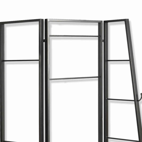 Modern Style 3 Panel Metal Screen with Hooks and Rod Hangings, Black