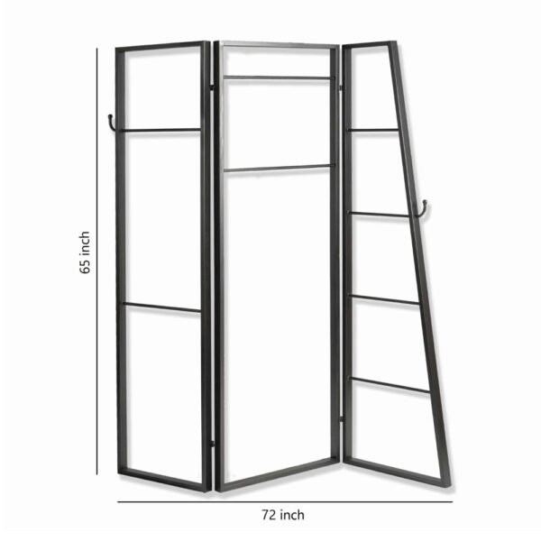 Modern Style 3 Panel Metal Screen with Hooks and Rod Hangings, Black