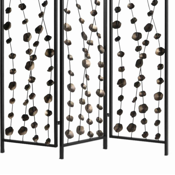 Transitional 3 Panel Metal Screen with Intricate Flower Design, Black