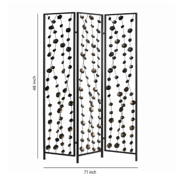Transitional 3 Panel Metal Screen with Intricate Flower Design, Black