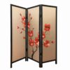 3 Panel Wooden Screen with Hand painted Fabric Design, Red and Brown