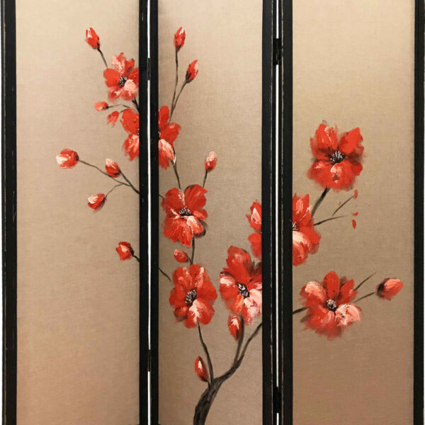 3 Panel Wooden Screen with Hand painted Fabric Design, Red and Brown