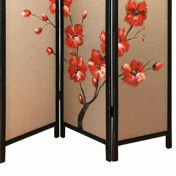 3 Panel Wooden Screen with Hand painted Fabric Design, Red and Brown