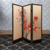 3 Panel Wooden Screen with Hand painted Fabric Design, Red and Brown