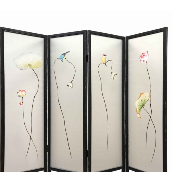 4 Panel Wooden Screen with Hand painted Fabric Design, Brown & Beige