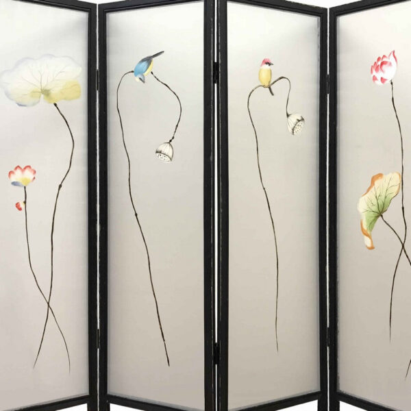 4 Panel Wooden Screen with Hand painted Fabric Design, Brown & Beige