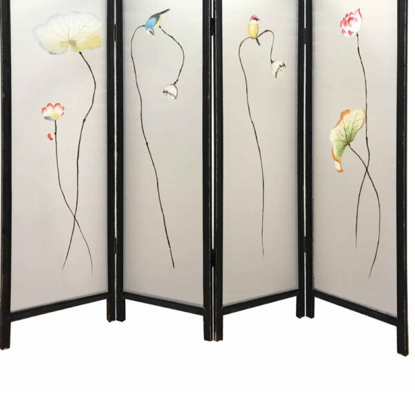 4 Panel Wooden Screen with Hand painted Fabric Design, Brown & Beige