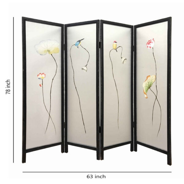 4 Panel Wooden Screen with Hand painted Fabric Design, Brown & Beige