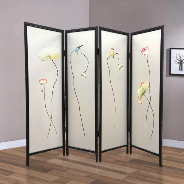 4 Panel Wooden Screen with Hand painted Fabric Design, Brown & Beige