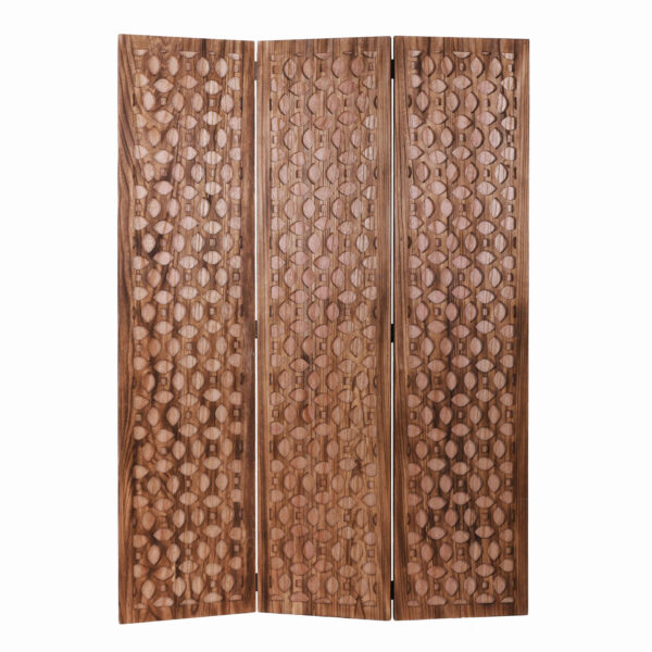 3 Panel Transitional Wooden Screen with Leaf Like Carvings, Brown