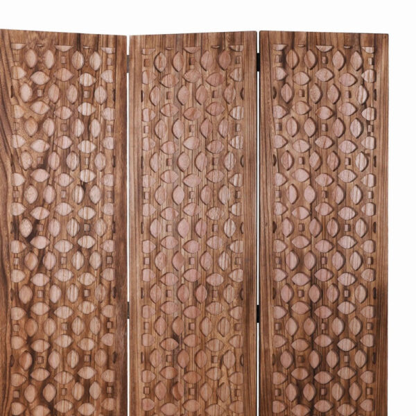 3 Panel Transitional Wooden Screen with Leaf Like Carvings, Brown