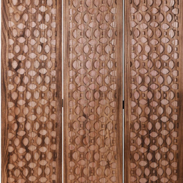 3 Panel Transitional Wooden Screen with Leaf Like Carvings, Brown