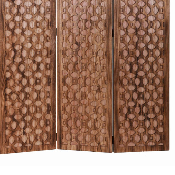 3 Panel Transitional Wooden Screen with Leaf Like Carvings, Brown