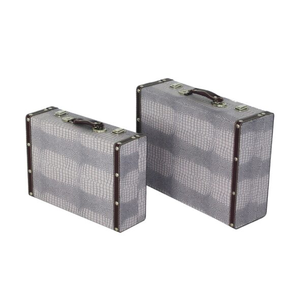 Trunk Style Suitcase with Textured Print Canvas Covering, Gray, Set of 2