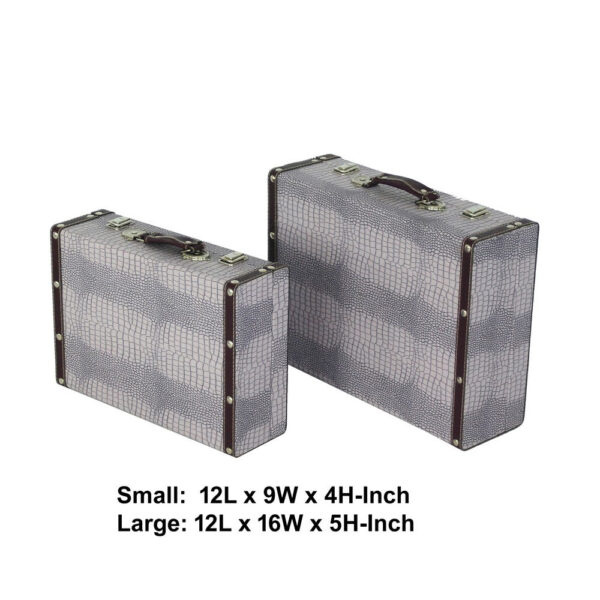 Trunk Style Suitcase with Textured Print Canvas Covering, Gray, Set of 2