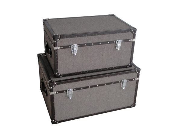 Fabric Upholstered Rectangular Trunk with Nailhead Details, Gray, Set of 2
