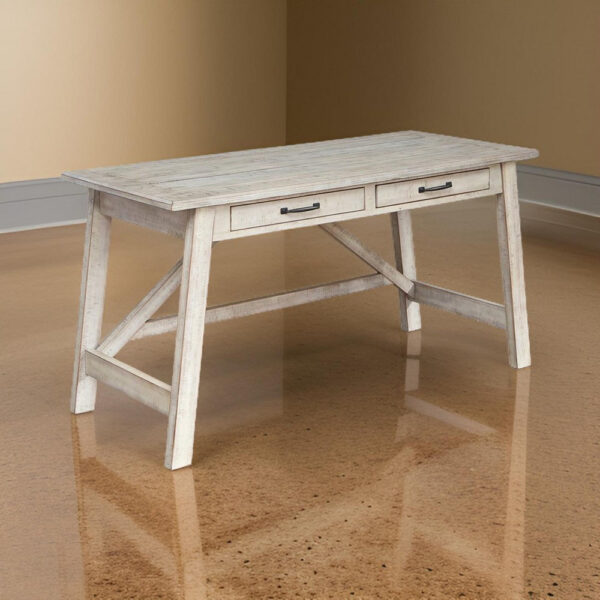 Wooden Office Desk with 2 Drawers and Truss Beam Legs, Antique White