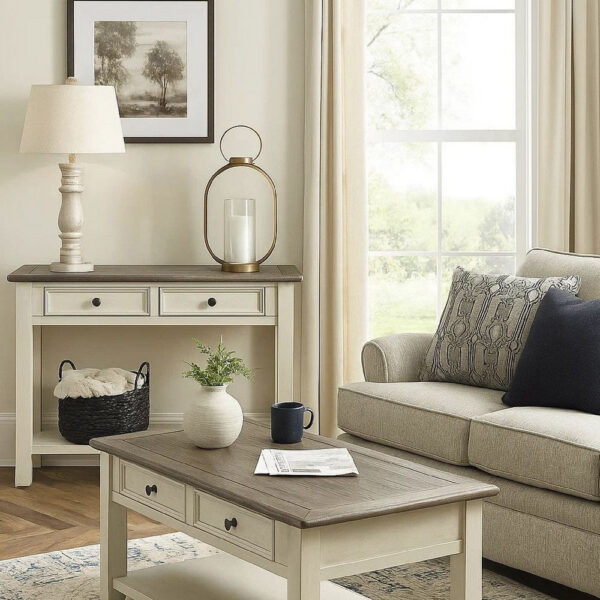 15022026699119468fb05.jpeg Sofa Table With Plank Style Top and 2 Gliding Drawers, Brown and White