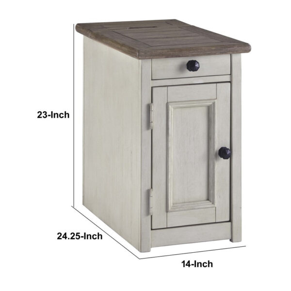 Chair Side End Table with 1 Cabinet and Pull Out Tray, White and Brown