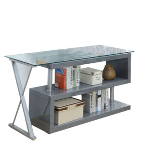 Movable Glass Top Computer Desk with X Shaped Side Panel, Gray and Clear