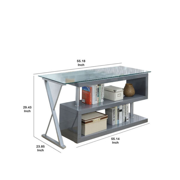 1502202669911990c7684.jpeg Movable Glass Top Computer Desk with X Shaped Side Panel, Gray and Clear
