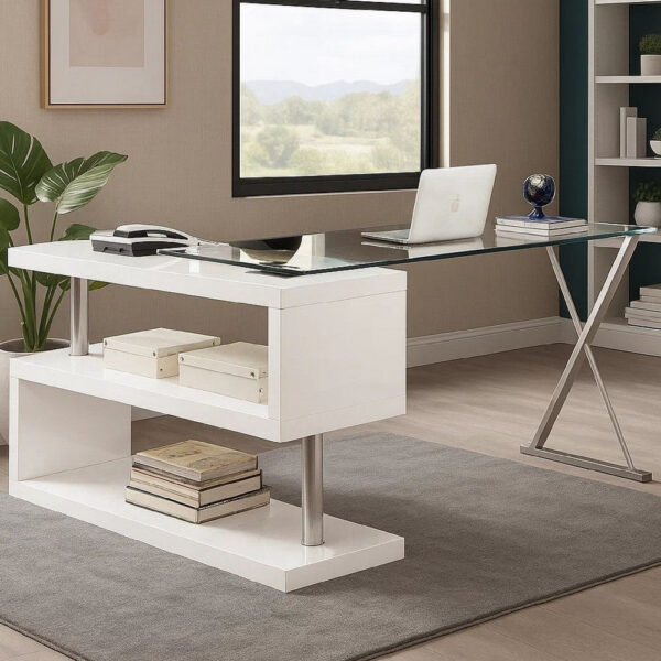 15022026699119bfa66db.jpeg Movable Glass Top Desk with X Shaped Side Panel, White and Clear