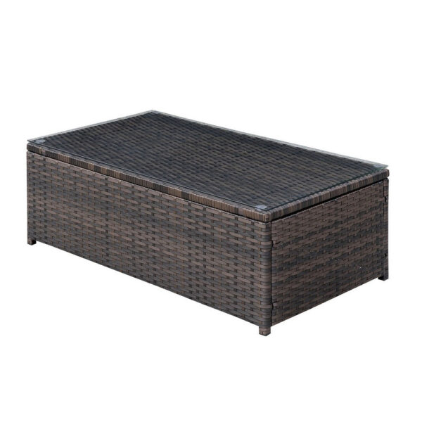 Rectangular Faux Rattan and Aluminum Coffee Table with Glass Top, Brown