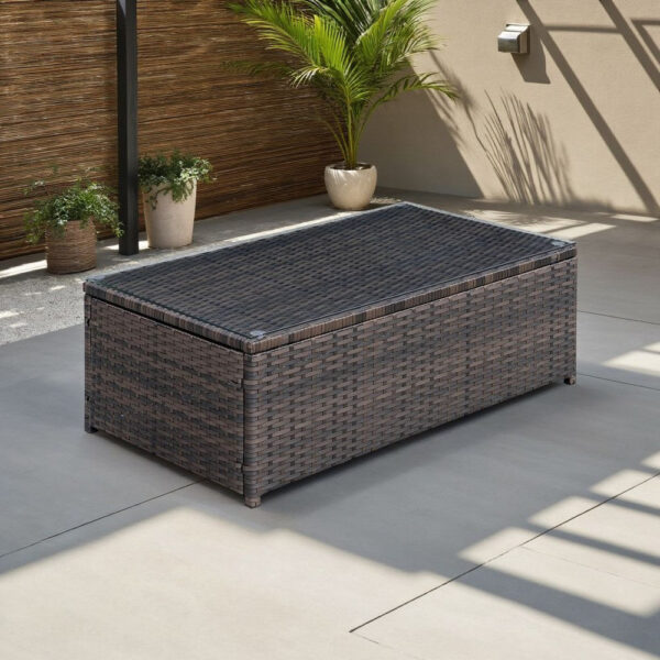 Rectangular Faux Rattan and Aluminum Coffee Table with Glass Top, Brown