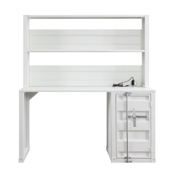 Metal Base Desk and Hutch with Slated Pattern and Storage Compartment, White