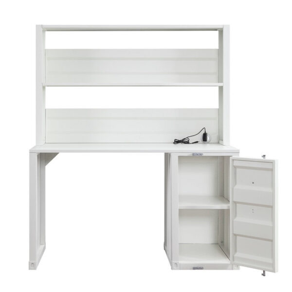 Metal Base Desk and Hutch with Slated Pattern and Storage Compartment, White