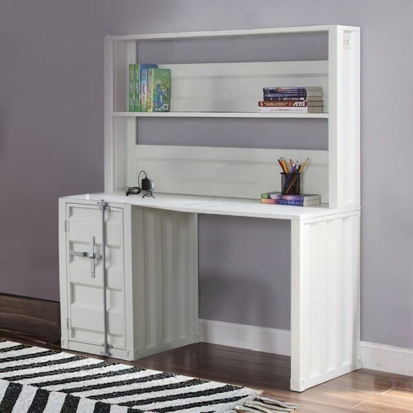 Metal Base Desk and Hutch with Slated Pattern and Storage Compartment, White