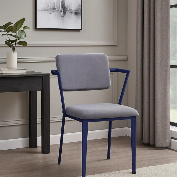 Fabric Upholstered Metal Base Chair with Flared Armrest, Blue and Gray