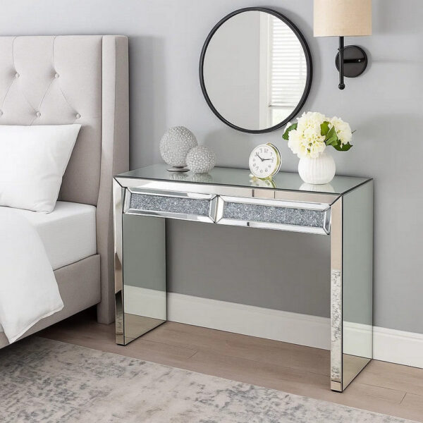 Console Table with Two Storage Drawers and Faux Diamond Inlay, Silver