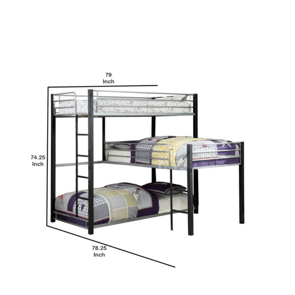 3 Tier Industrial Style Twin Bunk Bed with Corner Design, Black and Gray