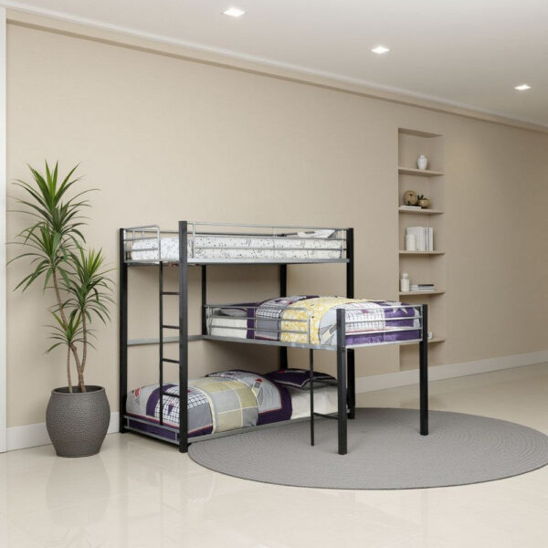 3 Tier Industrial Style Twin Bunk Bed with Corner Design, Black and Gray
