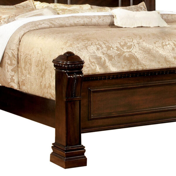 Wooden Queen Size Bed with Intricate Trimmed Headboard, Brown