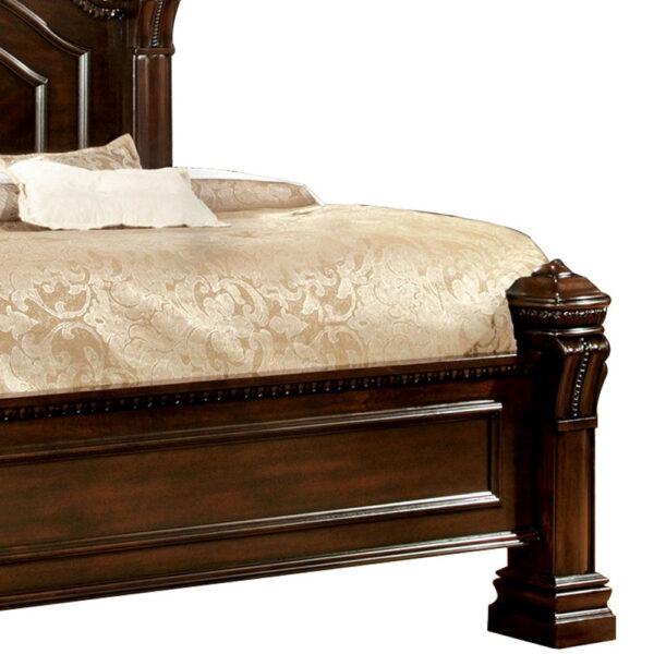 Wooden Queen Size Bed with Intricate Trimmed Headboard, Brown