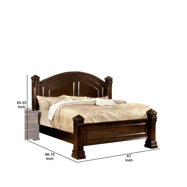 Wooden Queen Size Bed with Intricate Trimmed Headboard, Brown