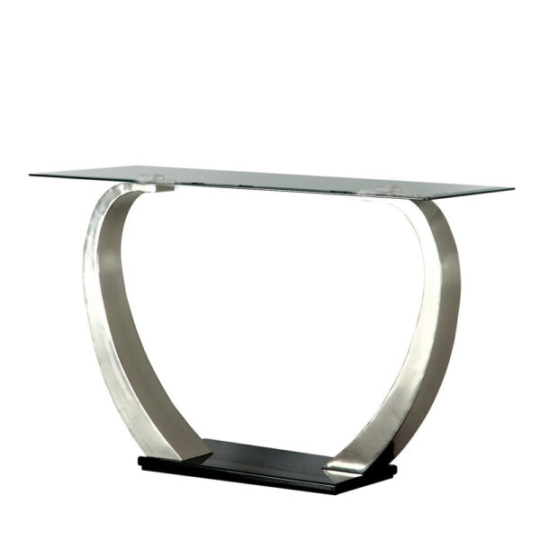 Rectangular Glass Top Sofa Table with Curved Pedestal Base, Black and Gray