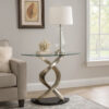 1502202669911d8bbe46f.jpeg Sofa Table with Twisted Metal Base and Semi Circular Glass Top, Silver