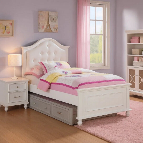 Wooden Twin Size Bed with Camelback Design Headboard and Turned Legs, White