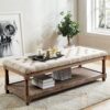 Button Tufted Fabric Upholstered Bench with Bottom Shelf, Beige and Brown