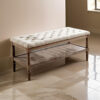 Button Tufted Fabric Upholstered Bench with Bottom Shelf, Beige and Brown