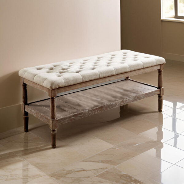Button Tufted Fabric Upholstered Bench with Bottom Shelf, Beige and Brown
