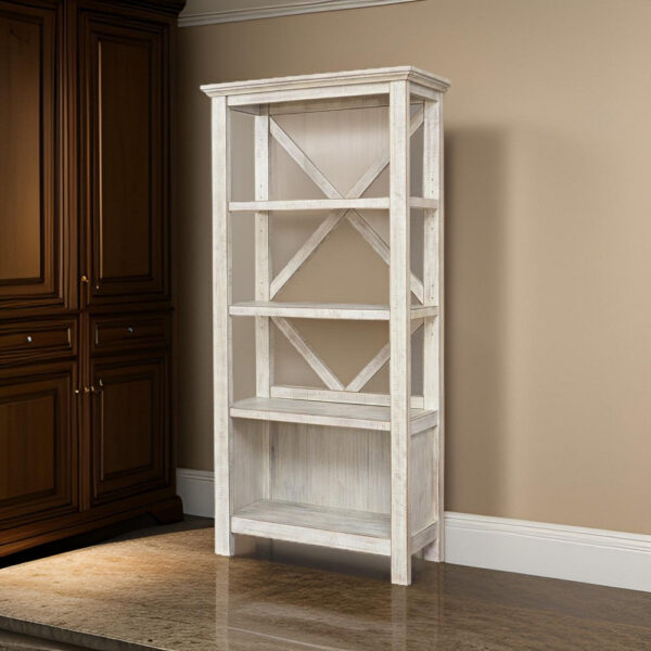 X Shape Back Bookcase with 3 Open Shelves and 1 Open Compartment, White