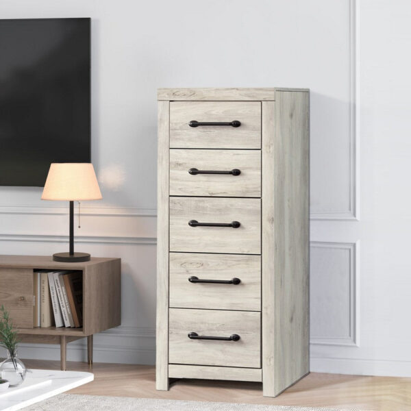 Grained 5 Drawer Wooden Chest with Bar Pull Handles, Distressed White