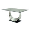 Metal and Glass Dining Table with Unique U Shape Pedestal Base, Chrome and Black