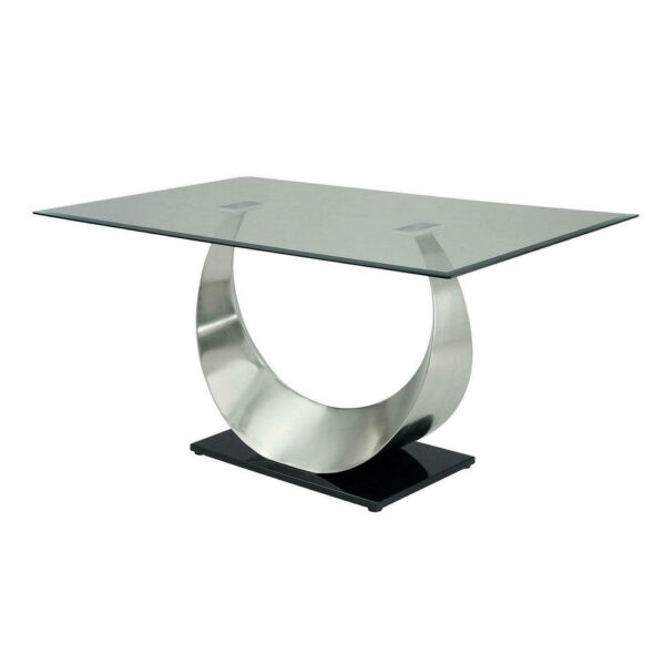 Metal and Glass Dining Table with Unique U Shape Pedestal Base, Chrome and Black