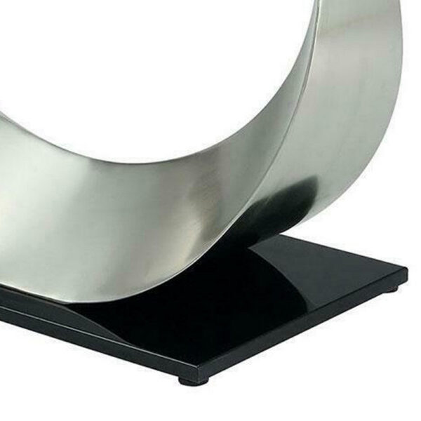 Metal and Glass Dining Table with Unique U Shape Pedestal Base, Chrome and Black