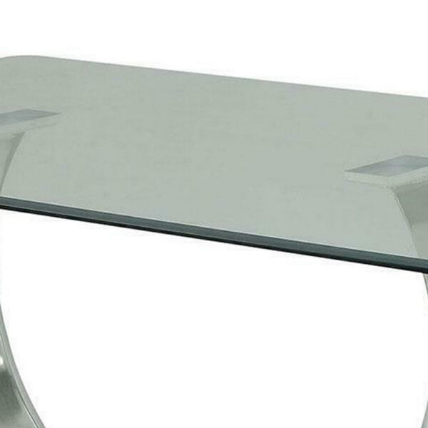 Metal and Glass Dining Table with Unique U Shape Pedestal Base, Chrome and Black